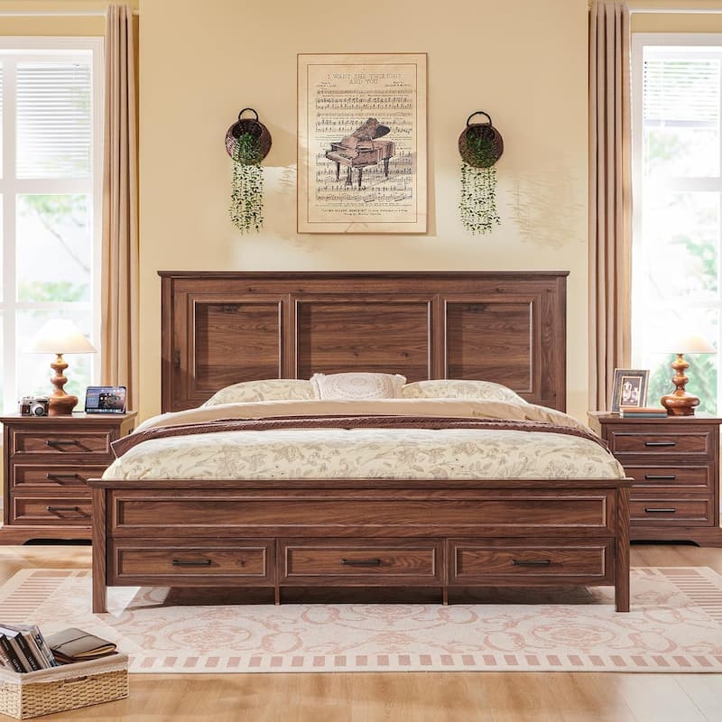 Farmhouse King Wood Bed Frame with Headboard, Platform Bedframe