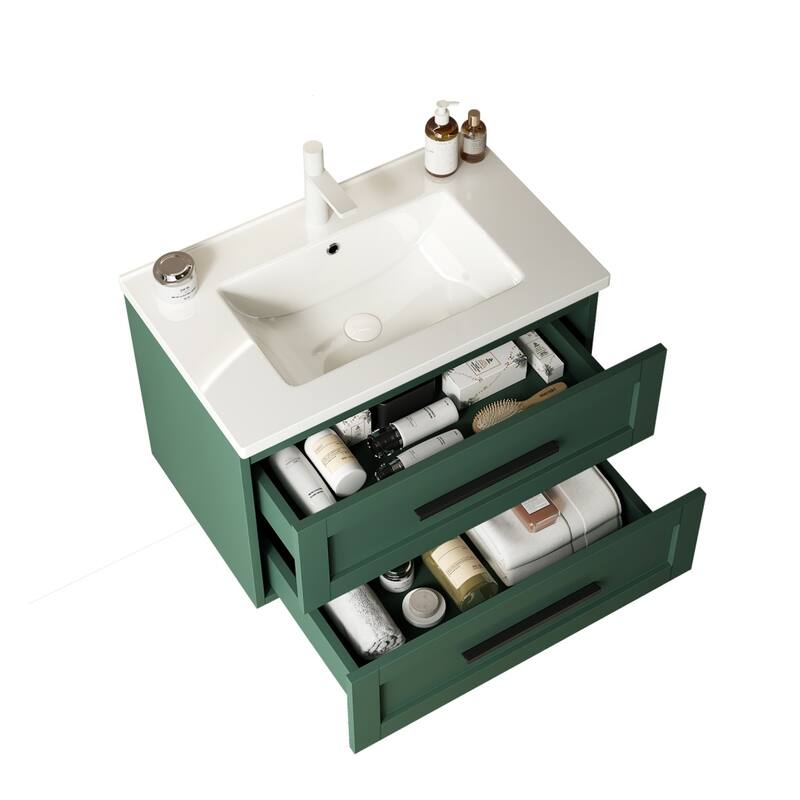 Wall-Mounted Bathroom Vanity with Premium Ceramic Basin, Large Storage, Soft-Close Drawers, and Detailed Assembly Instructions