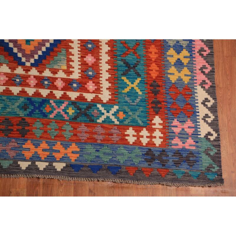 All-Over Geometric Kilim Large Rug Flatweave Oriental Wool Carpet - 9'10"x 16'1"