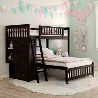 Twin Over Full Wooden Bunk Bed with Drawers and Shelves