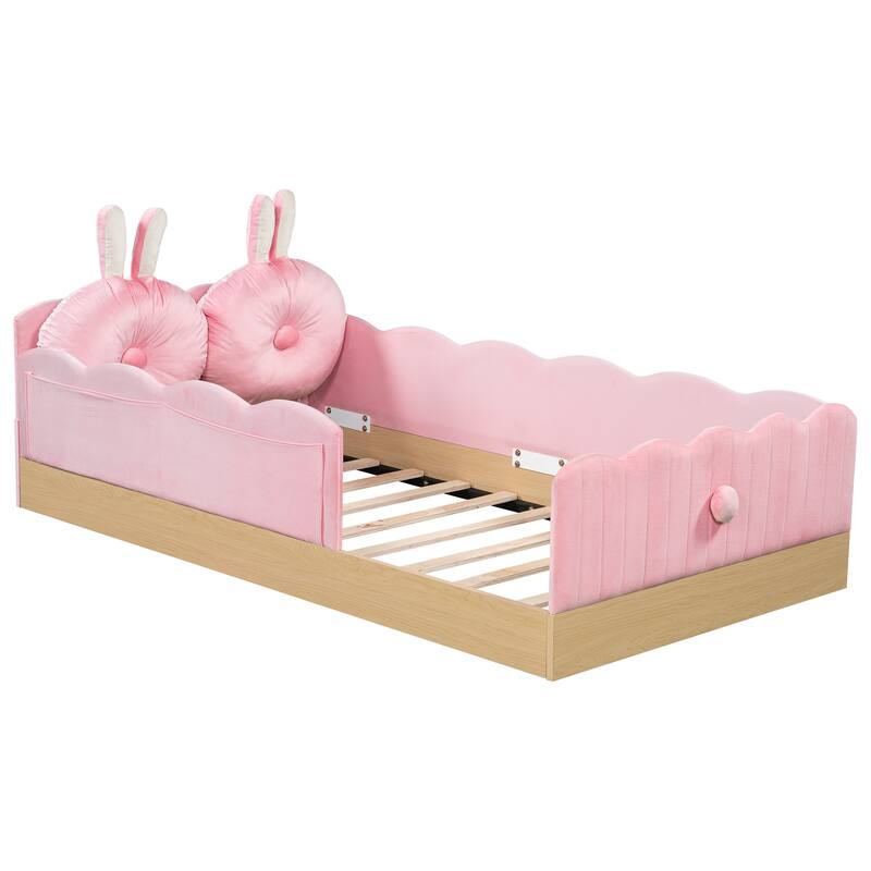 Twin Size Upholstered Bed with Bunny Ear Shape Pillows and Rabbit Tail Footboard, Storage Bags, Wave Frame Platform Bed