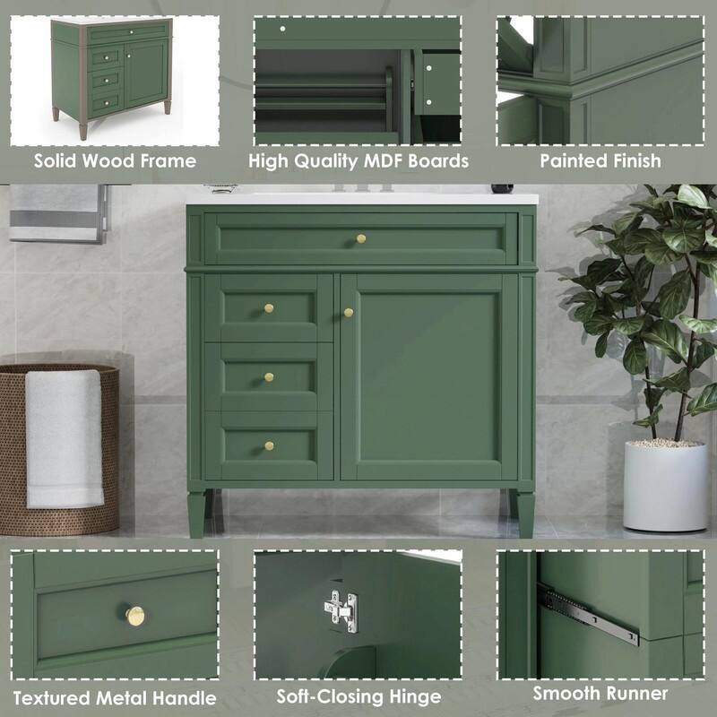 36'' Bathroom Vanity with Top Sink, 3 Drawers for Stylish Storage