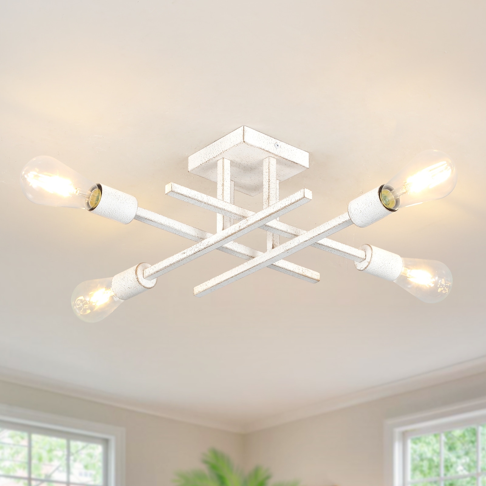 4-Light Modern Sputnik Linear Semi Flush Mount Ceiling Light for Kitchen Bedroom Hallway