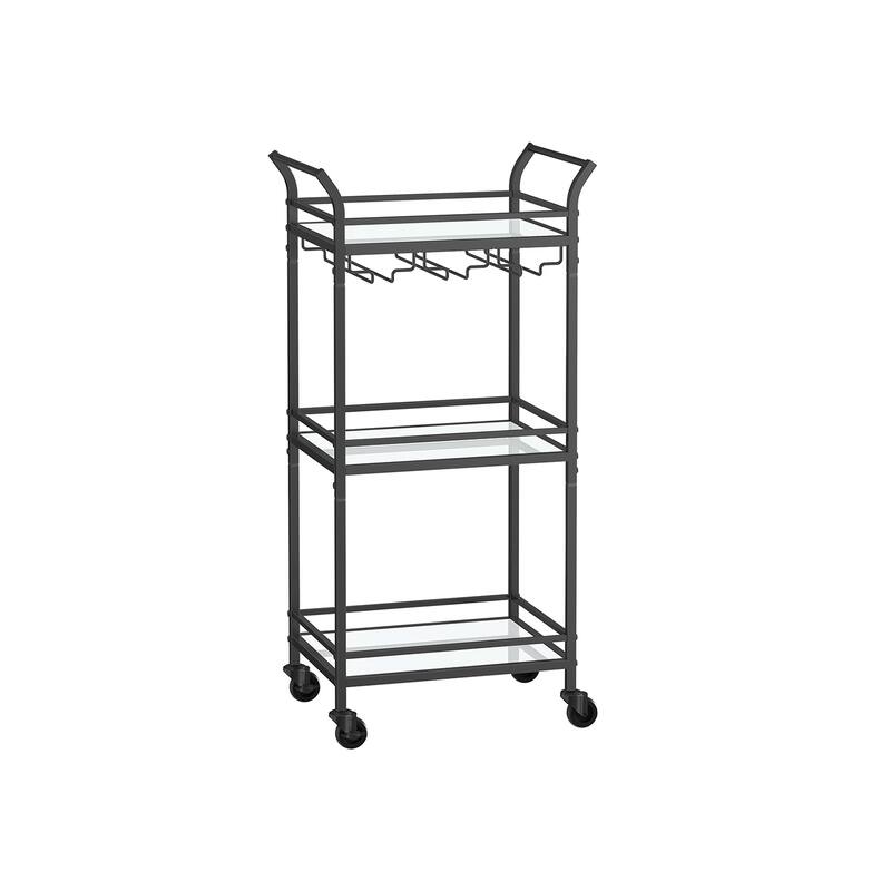 3 Tier Modern Compact Bar Cart with Mirrored Shelves Lockable Casters and Wine Glass Storage Rack - 11.8”D x 18.4”W x 36.2”H