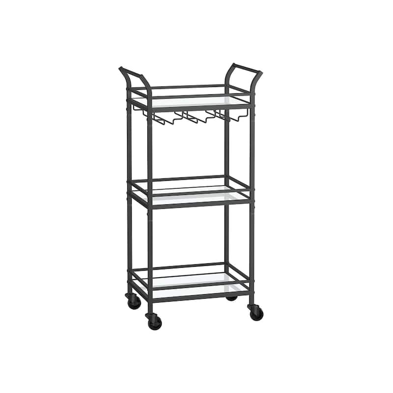 3 Tier Modern Compact Bar Cart with Mirrored Shelves Lockable Casters and Wine Glass Storage Rack - 11.8”D x 18.4”W x 36.2”H - Black