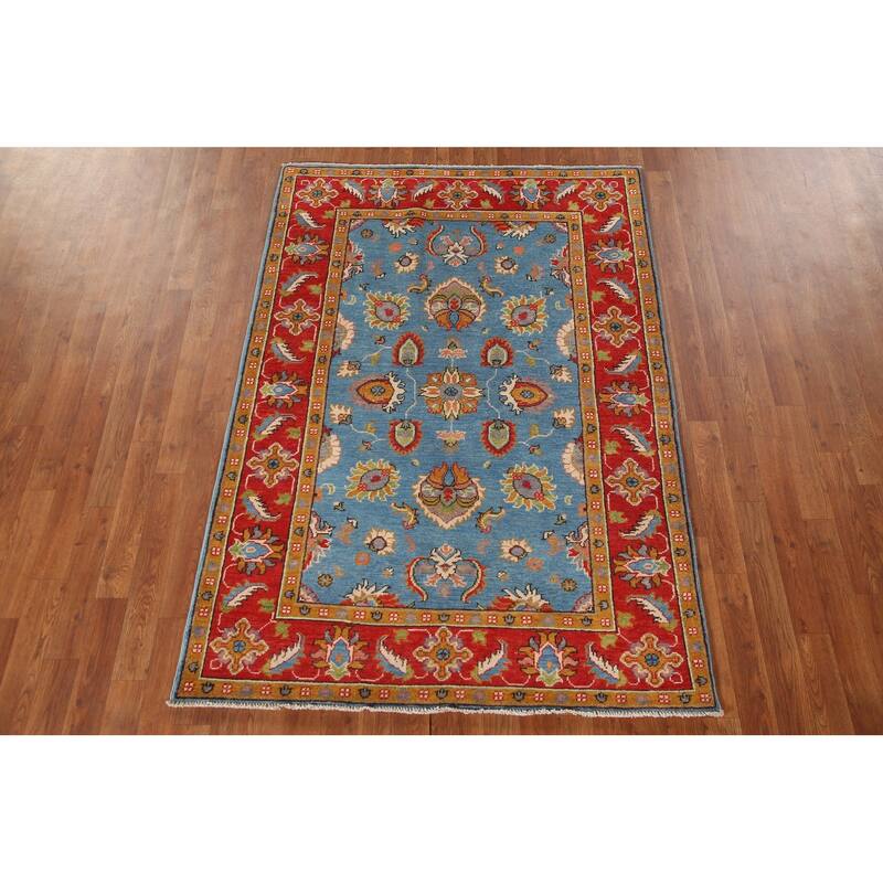 Light Blue Floral Kazak Oriental Area Rug Hand-Knotted Wool Carpet - 4'1"x 6'0"