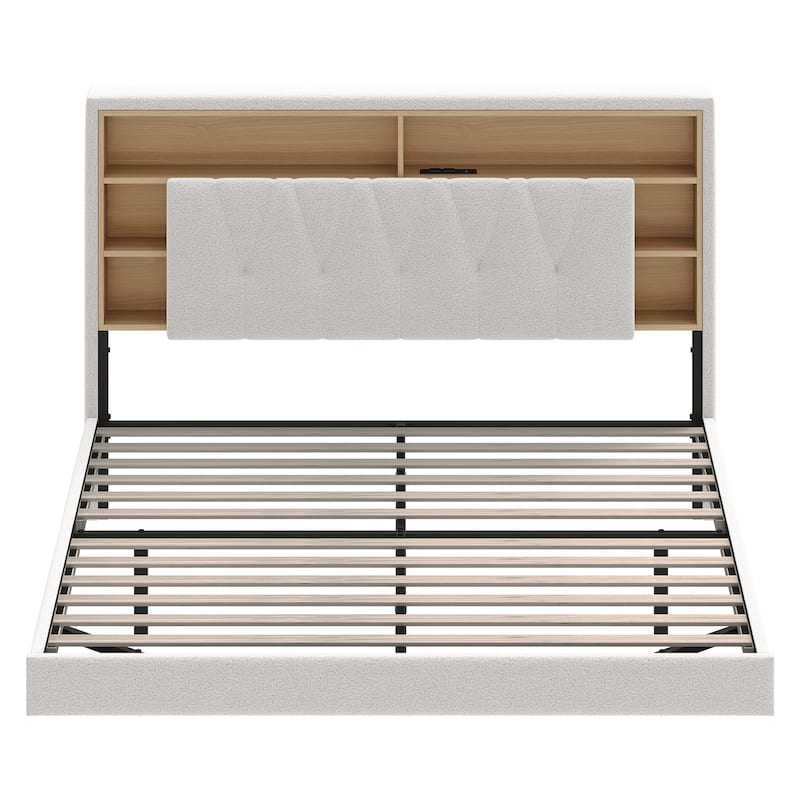 King Size Floating Bed Frame with Bookcase Storage Headboard and RGB LED Lights