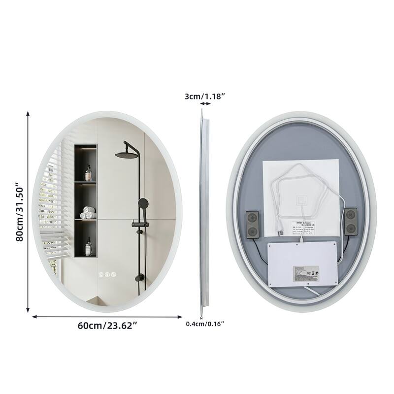 Bluetooth Lighted Bathroom Mirror Oval LED with Double NdFeB Speakers Wall Vanity Mirror - 23.62x31.50
