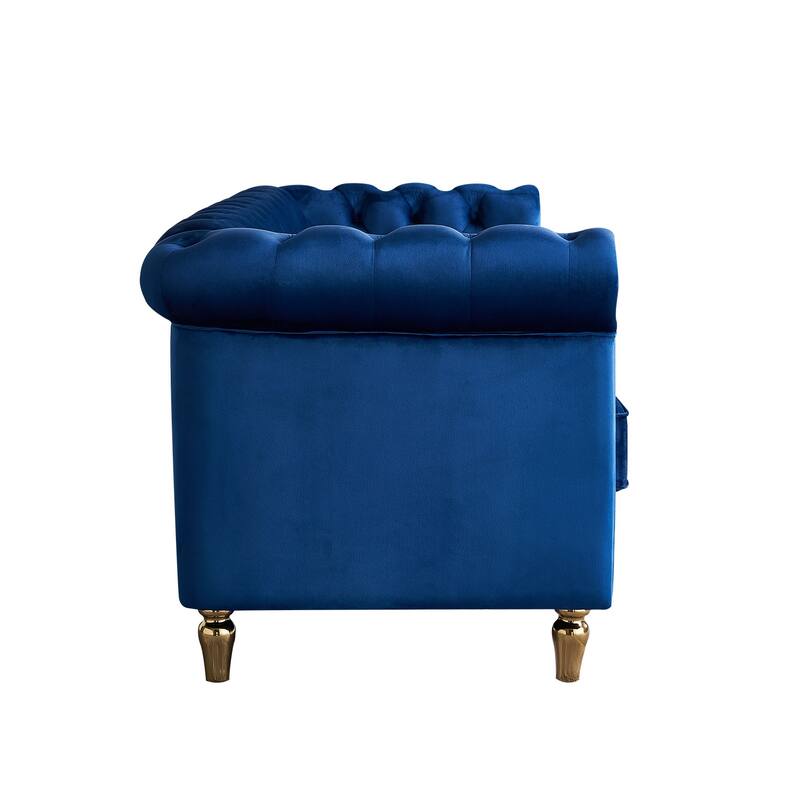 Velvet Chesterfield Sofa, 3-Seater with Rolled Arms, Tufted Back, Metal Legs for Living Room