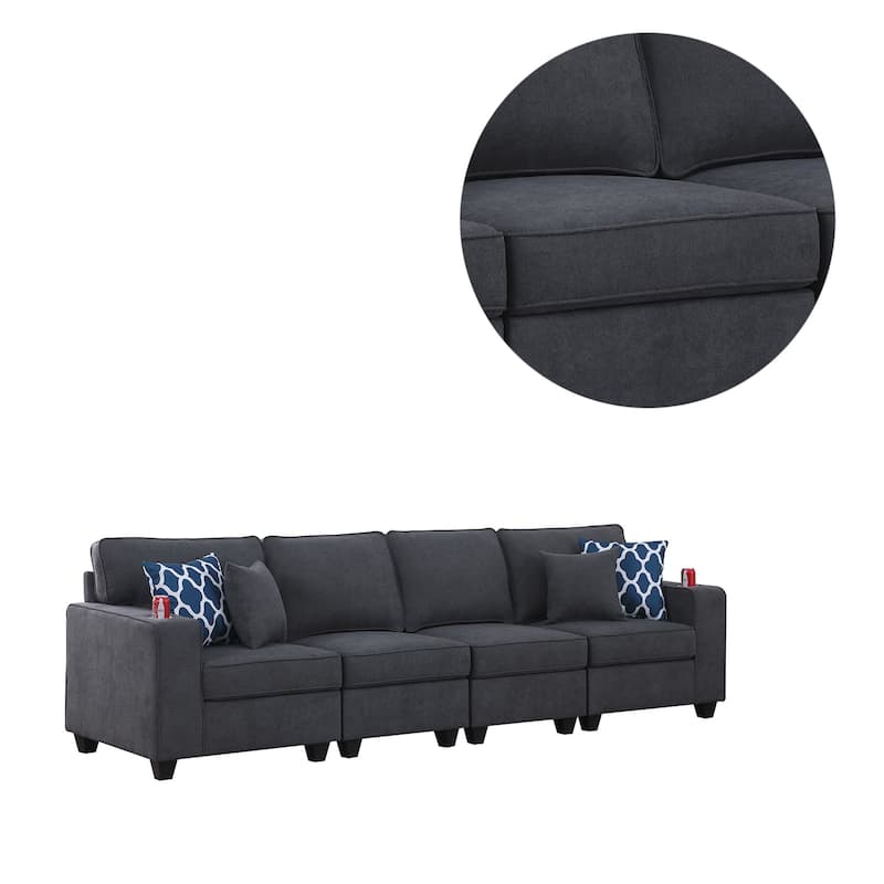 Woven Upholstered 4-Seater Sofa with 2 Cupholder in Stone Gray