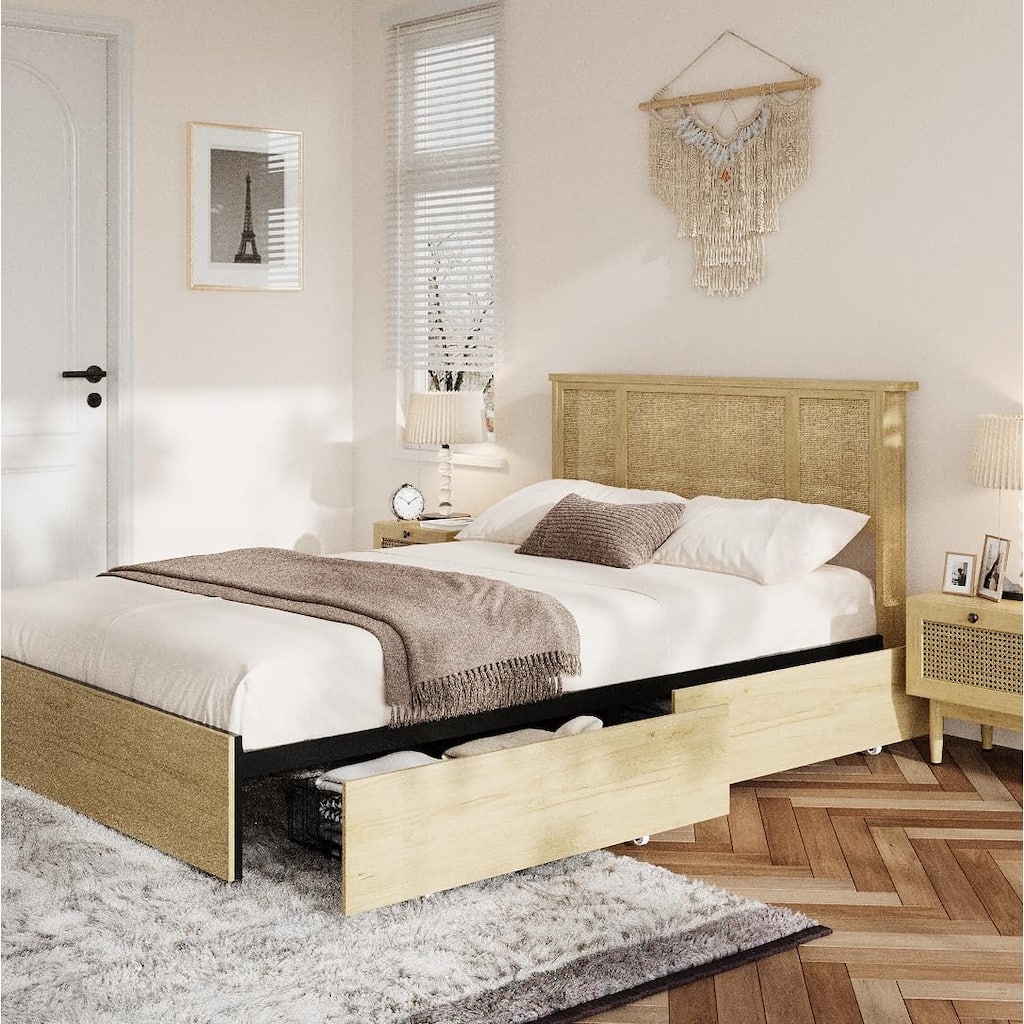 Full Bed Frame with Natural Rattan Headboard, 4 Storage Drawers, Slats, Bohemian-Style Cane Mattress Support