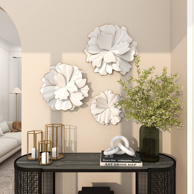 White Metal 3D Floral Home Wall Decor with Gold Edges (Set of 3)