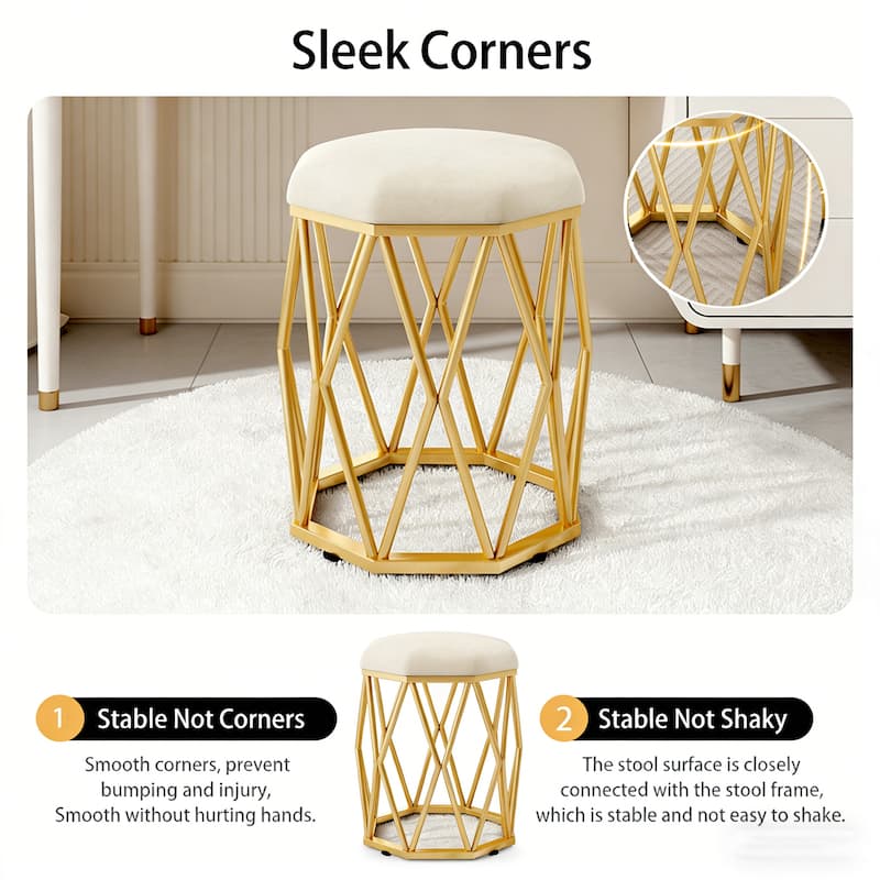 Modern Fabric Vanity Stool Chair with Metal Legs - White