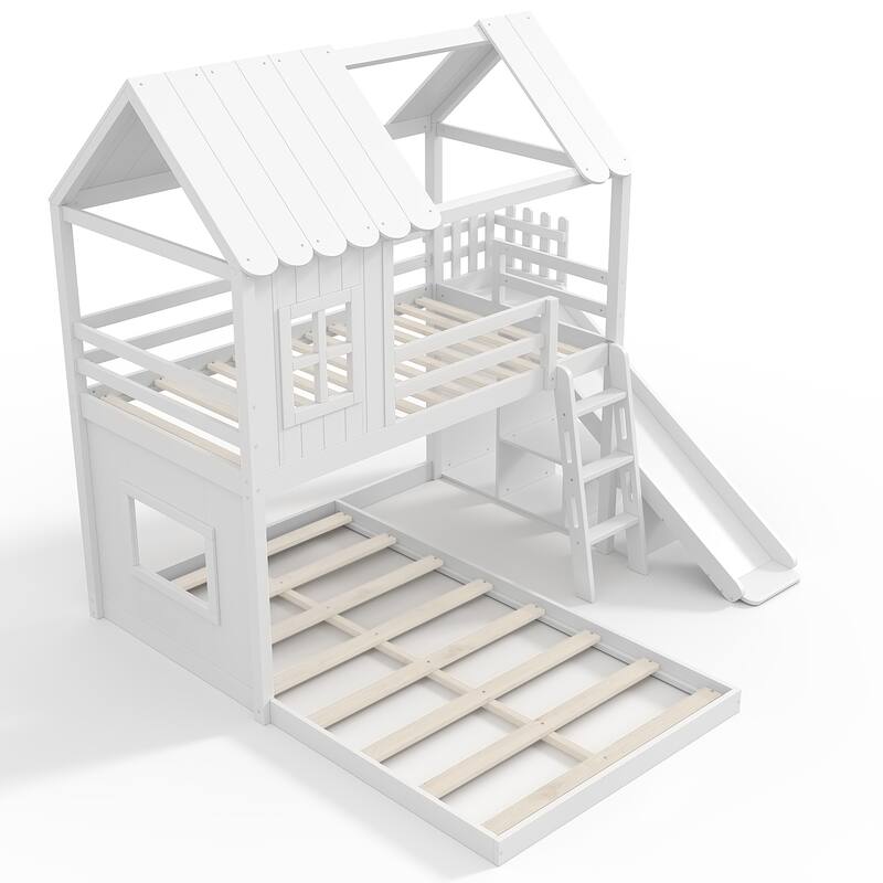 Twin over Full House Bunk Bed with Ladders and Slides, House Floor Bunk Bed with Storage Shelves and Wardrobe