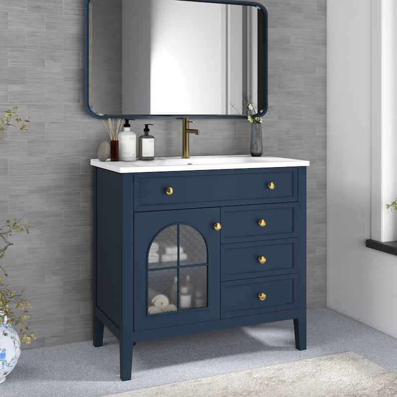 35.6" Mid-Century Bathroom Vanity Sink with Patterned Glass & Motion-sensor Light Strip, Freestanding