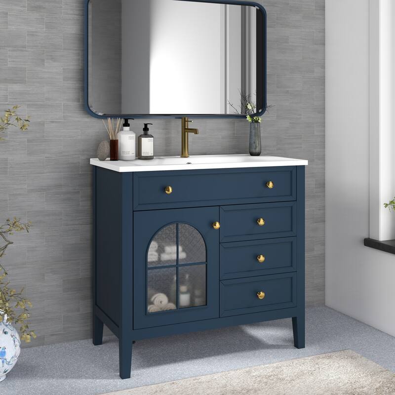 35.6-Inch Mid-Century Bathroom Vanity Sink with Patterned Glass & Motion-Sensor Light Strip, High-End Vanity Cabinet