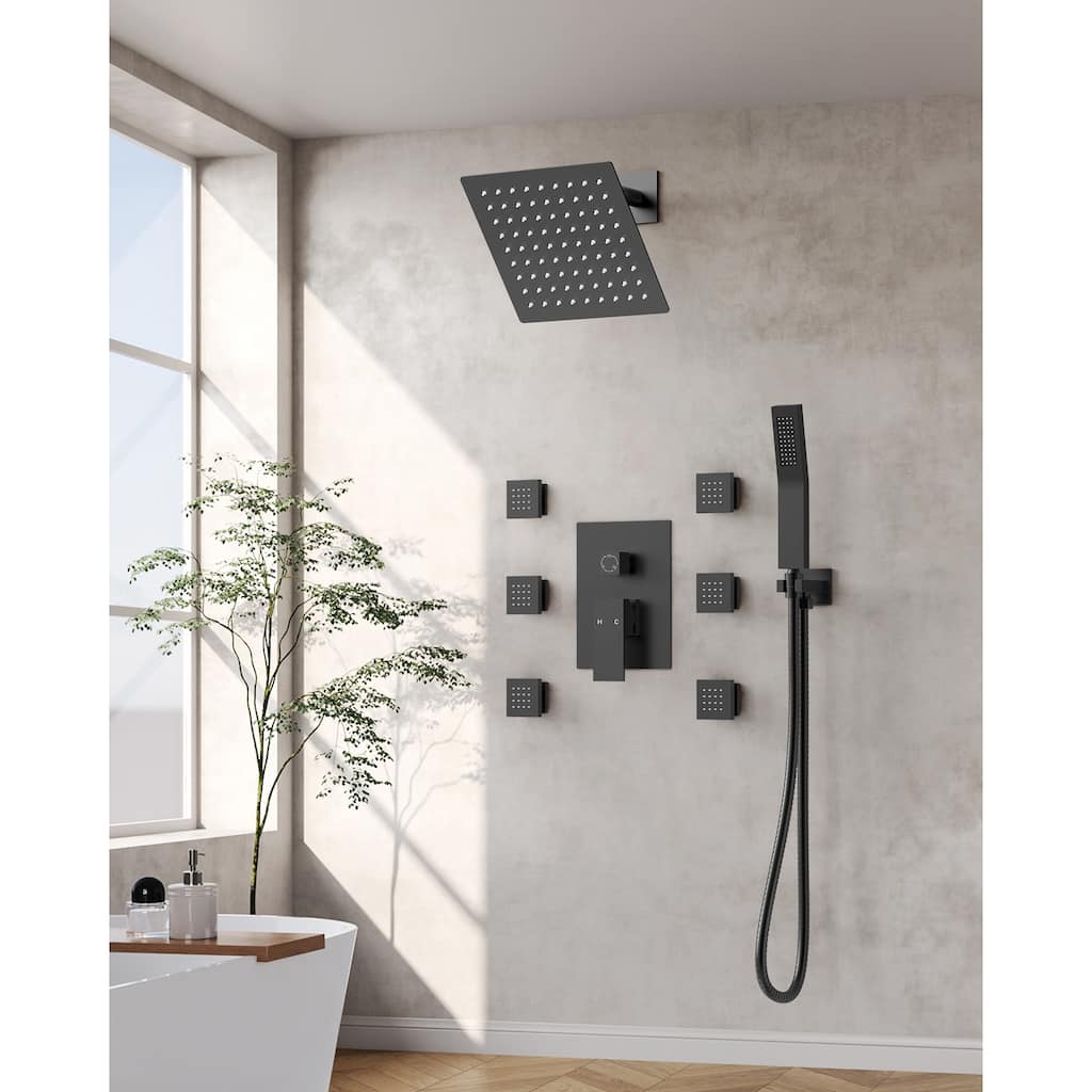 10" High-Pressure Balanced Rainfall Shower System with Handheld Spray & 6 Body Jets