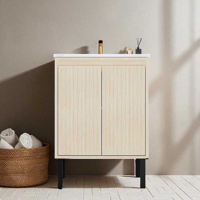 24 Inch Bathroom Vanity with Sink, Floor Standing MDF Cabinet with Soft-Close Drawers and Modern Design - Oak