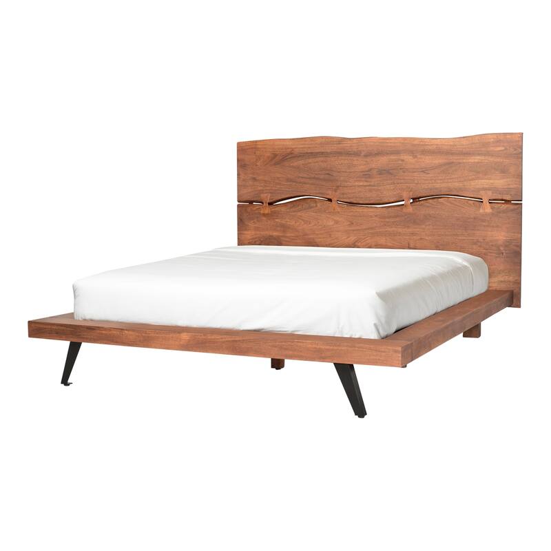 NADAAL STUDIOS Sterling Brown Solid Acacia Queen Platform Bed with Organic Edge Headboard and Steel Legs
