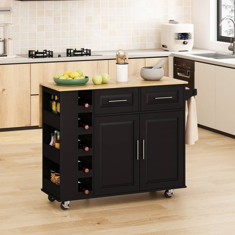 Rolling Kitchen Island Cart with 5-Layer Wine Rack, Adjustable Spice Rack, Towel Holder & Foldable Rubberwood Table Top - Black