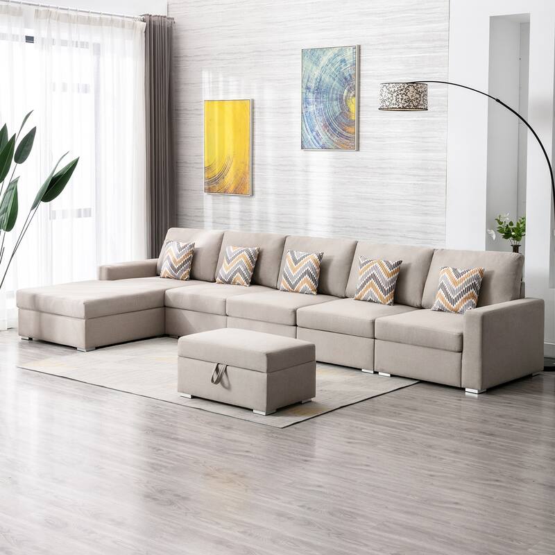 Linen Fabric 6 Piece Reversible Sectional Sofa Chaise with Interchangeable Legs, 5 Pillows and Storage Ottoman in Beige