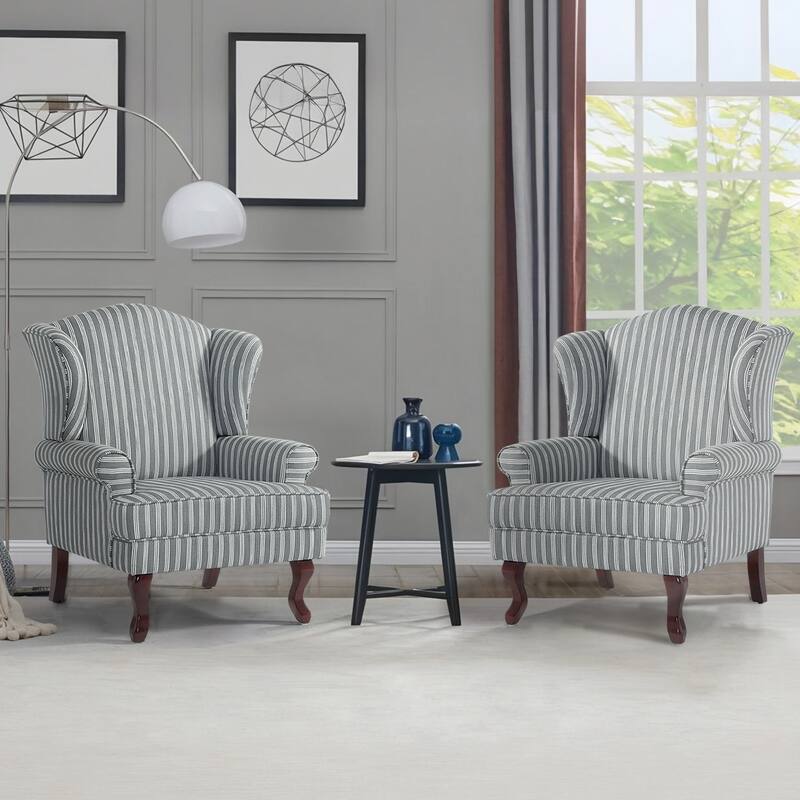 2 Set Modern Upholstery Wingback Accent Chair - Stripe Grey/ Linen
