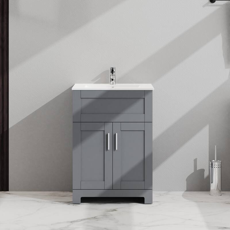Gray MDF Modern Bathroom Vanity with Drop-in Sink, 2-Door Storage, Soft-Close Hinges, Eco-Friendly Melamine Finish - 24in L MDF - Gray
