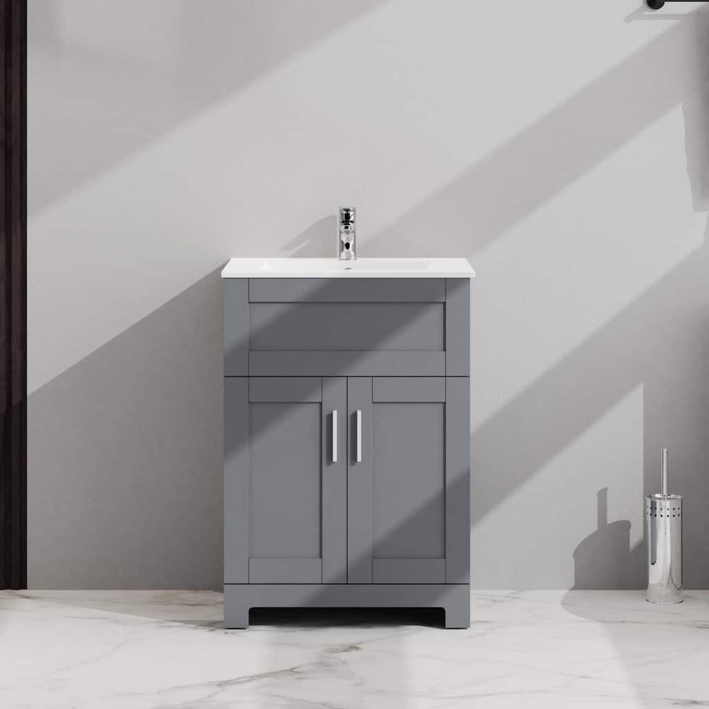 Gray MDF Modern Bathroom Vanity with Drop-in Sink, 2-Door Storage, Soft-Close Hinges, Eco-Friendly Melamine Finish - 24in L MDF