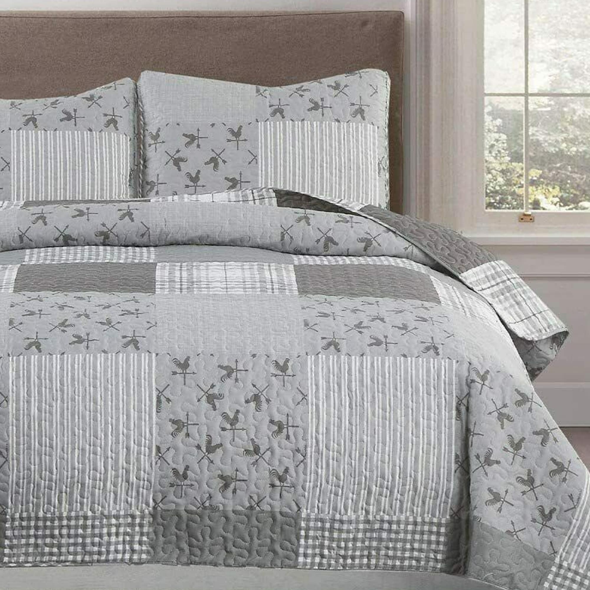 Farmhouse Patchwork Quilt Bed Set King Size Grey