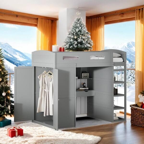 slide 2 of 10, Twin Size Loft Bed with Desk, Wardrobes, 4 Drawers and 4 Shelves, Grey Grey