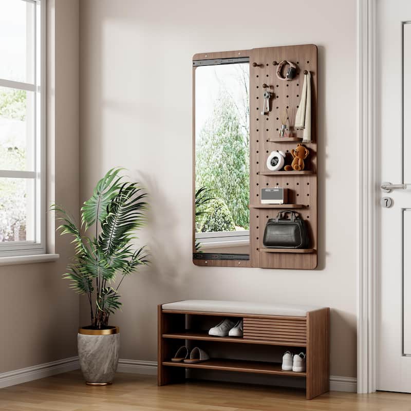 Wall Mounted Full Length Mirror with Shelf and Hook Wall Mounted Mirror with Multifunctional Design Panel(47.6*15.7in)