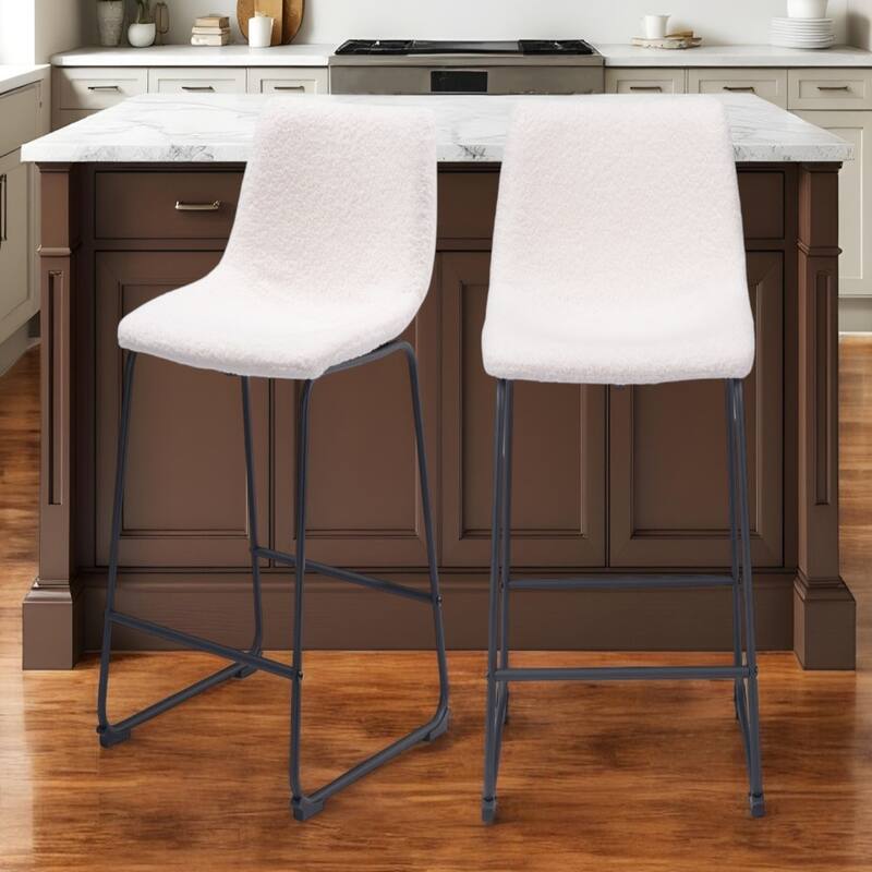 24 Inch Counter Height Stools Set of 2 with Ivory Shearling Upholstery and Black Steel Legs - 34.6”H x 18.9”W x 21.3”D