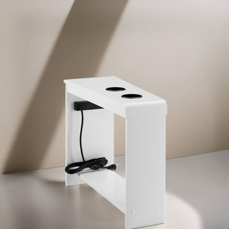 Narrow End Table with Charging Station - Side Table Nightstand with Storage, 2 Power Outlets & 2 USB Ports