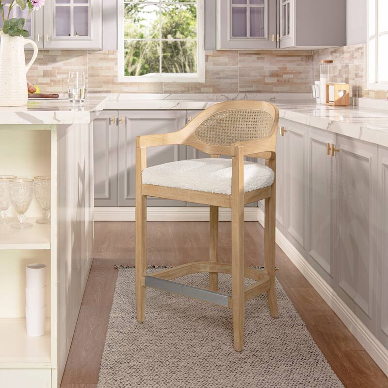 Americana Mid-Century Modern Rattan Cane Back Counter and Bar Stool - Single - Ivory White Boucle - Counter Height