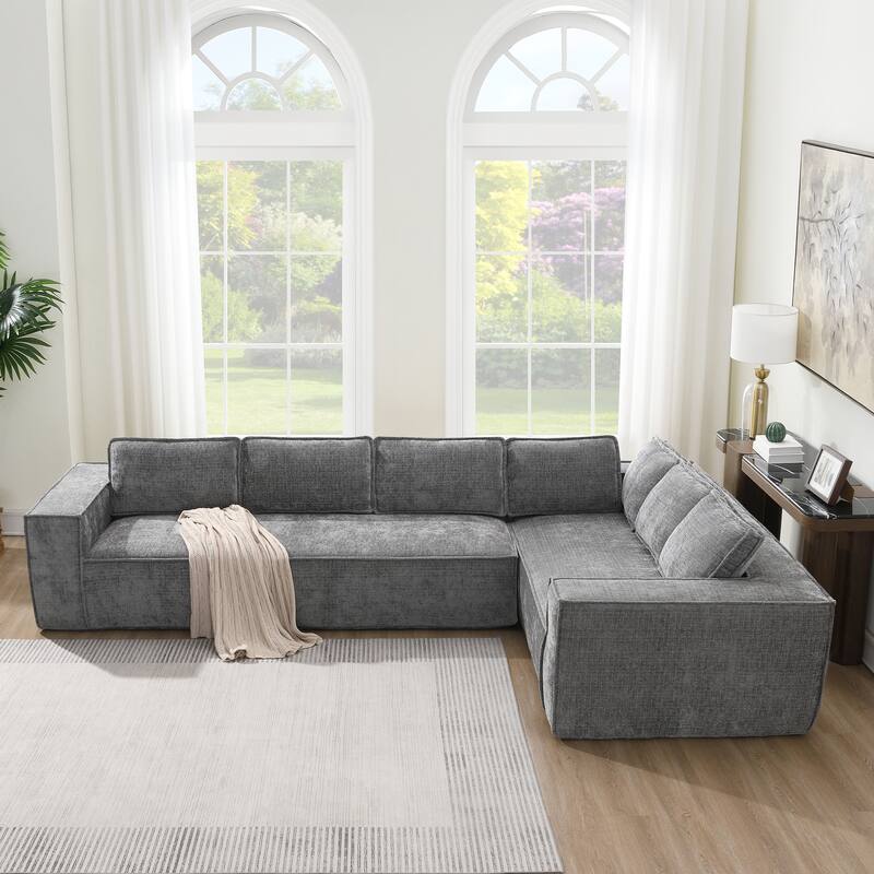 Chenille Modular Sectional Couch Set, Modern L-Shaped Cloud Sofa - Gray