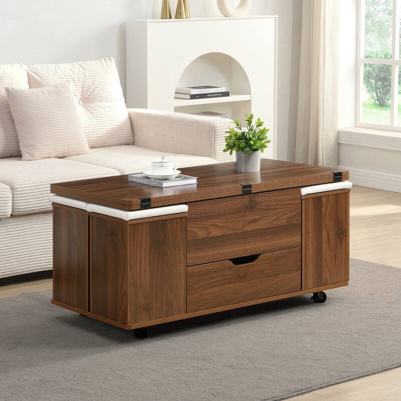 Christopher Knight Home - Calix Lift-Top MDF Coffee Table Set with 4 Stools and Smooth Locking Wheels