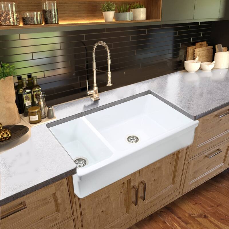 Highpoint Collection Fireclay Reversible Double Bowl Farmsink - 35.5 x 19.75 x 9.75