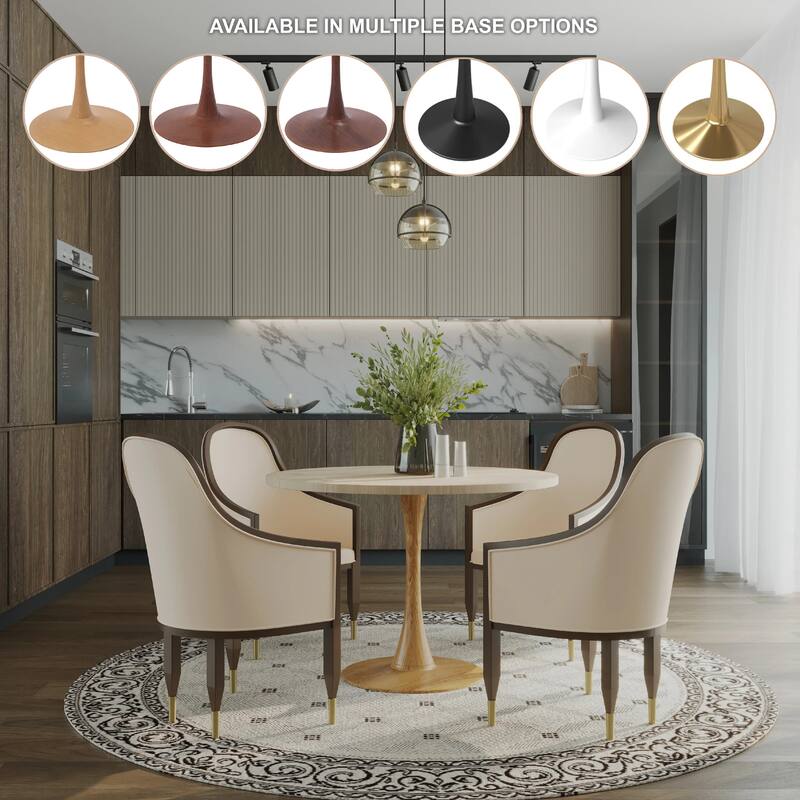Bristol 31" Round Dining Table with Sintered Stone Top and Natural Wood Steel Pedestal Base for Modern Kitchen and Dining Room