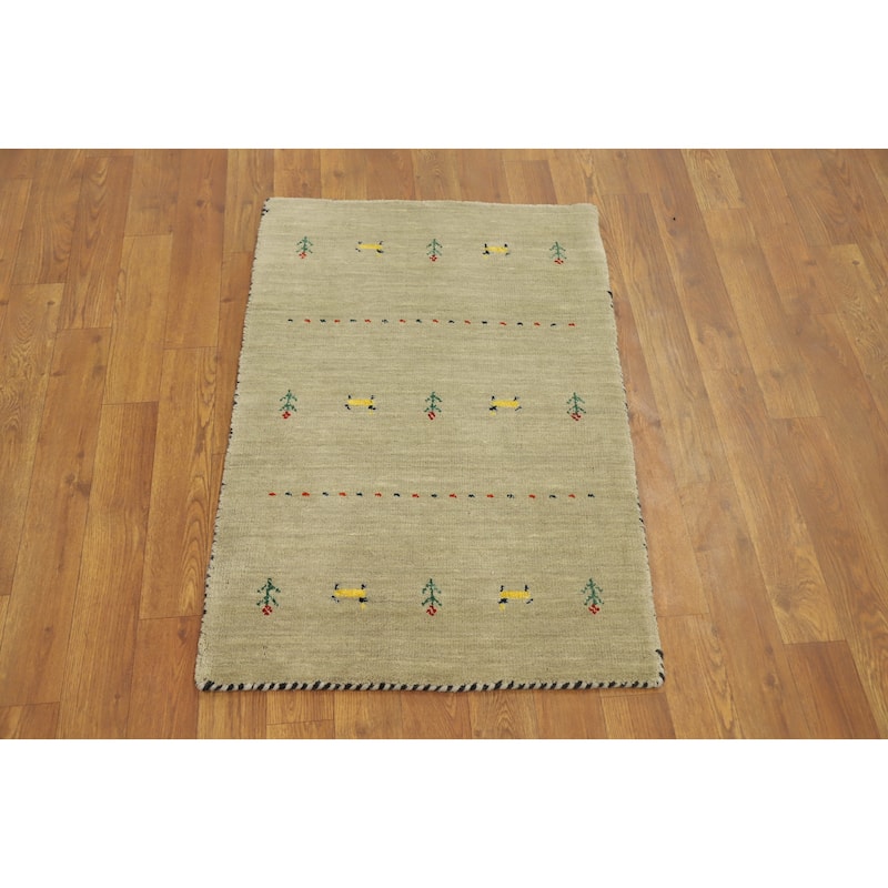 Hand Knotted Oriental 100% Wool Carpet Tribal Animal Pictorial Beige & Ivories Gabbeh Area Rug - 3' 0'' X 2' 0''