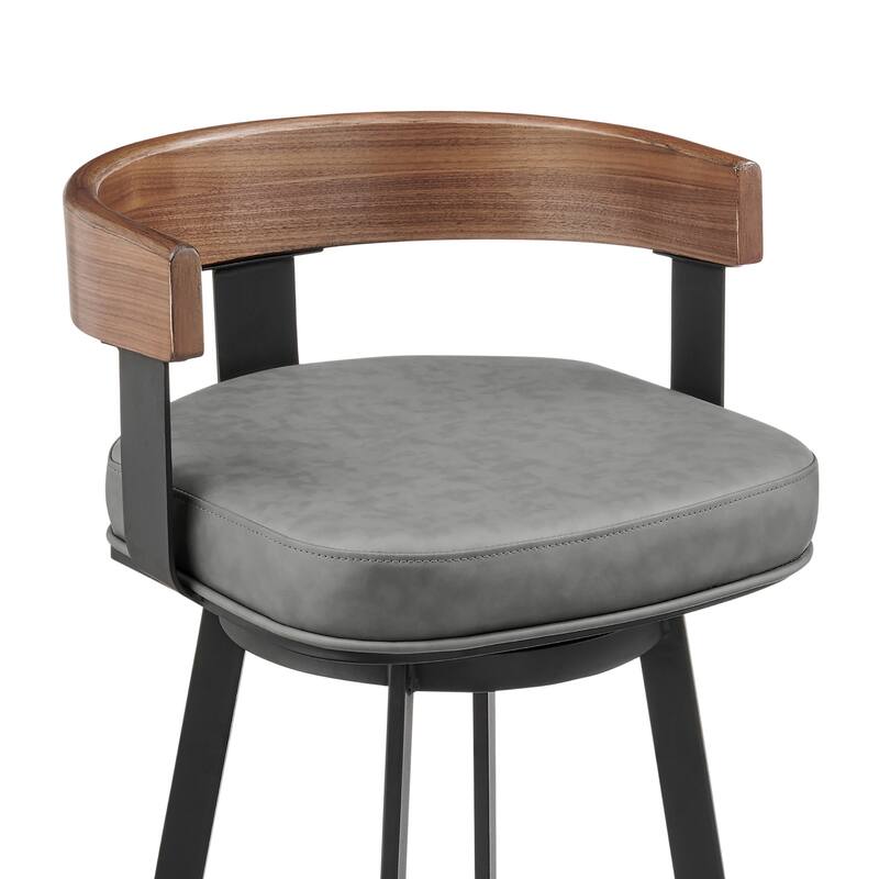 HomeRoots 30" Gray Brown and Black Faux Leather and Iron Low Back Bar Height Swivel Bar Chair