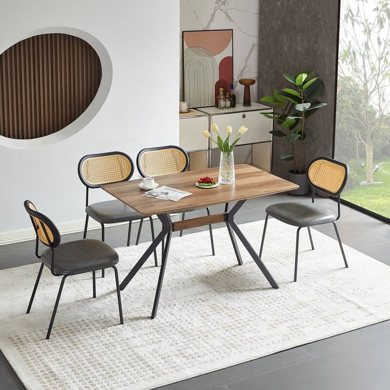 Mid Century Boho Rattan Dining Chairs Set Of 2, Stylish Upholstered Accent Chairs with PU Leather Cushion, Armless Side Chairs