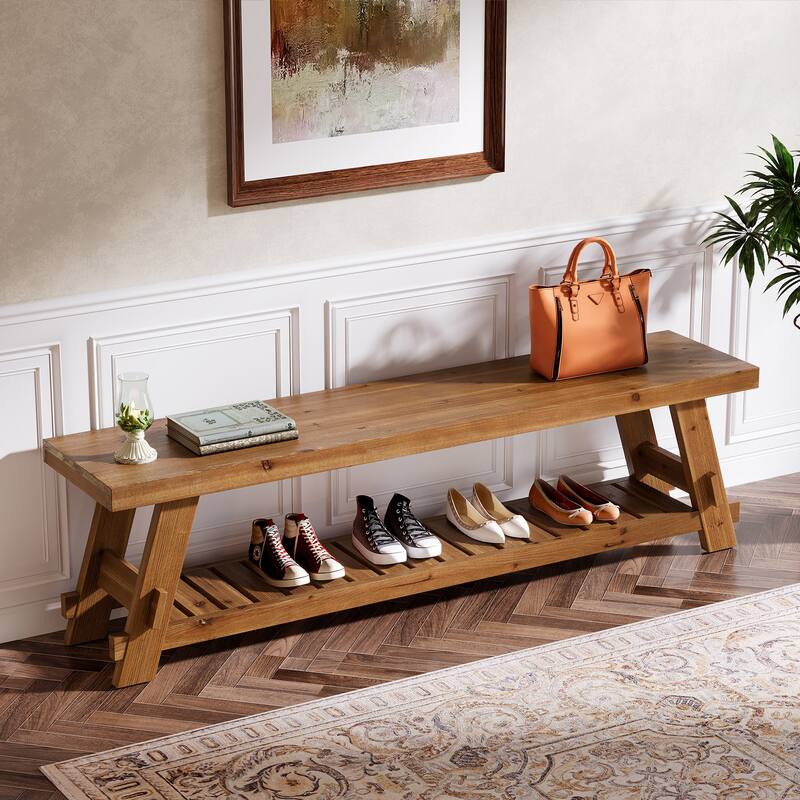 2 Tier Solid Wood Shoe Rack Bench for Entryway - 62.99" L x 13.78" W x 17.72" H