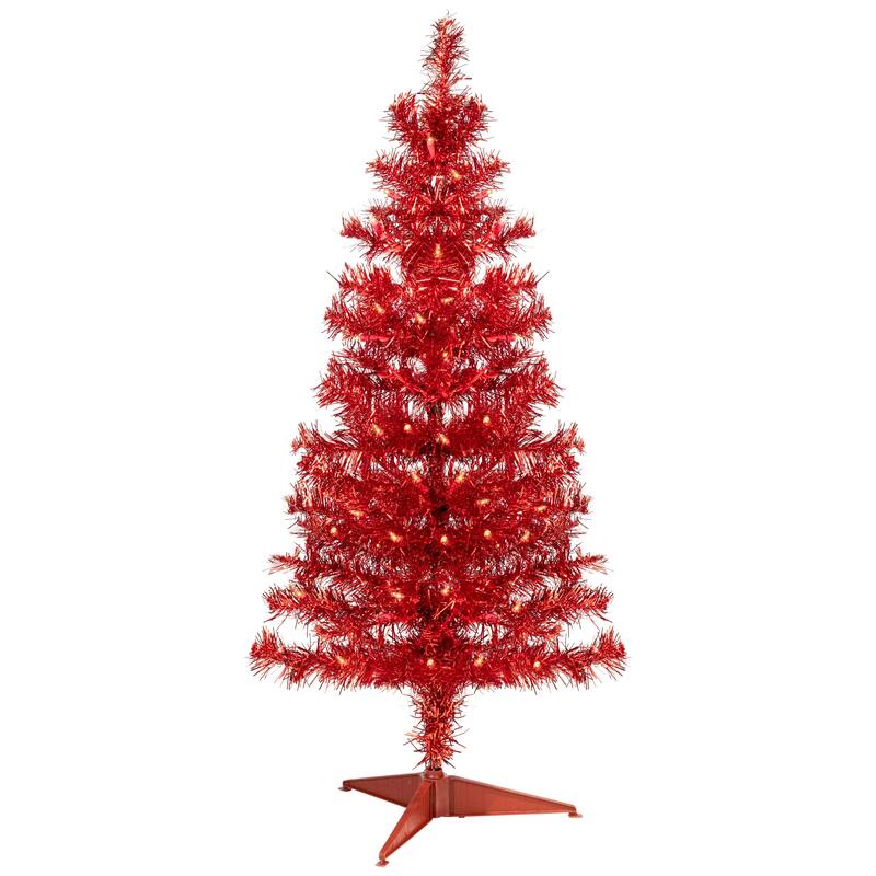 Pre-Lit Artificial Tinsel Christmas Tree - 3' - Red - Clear Lights - 3 Foot