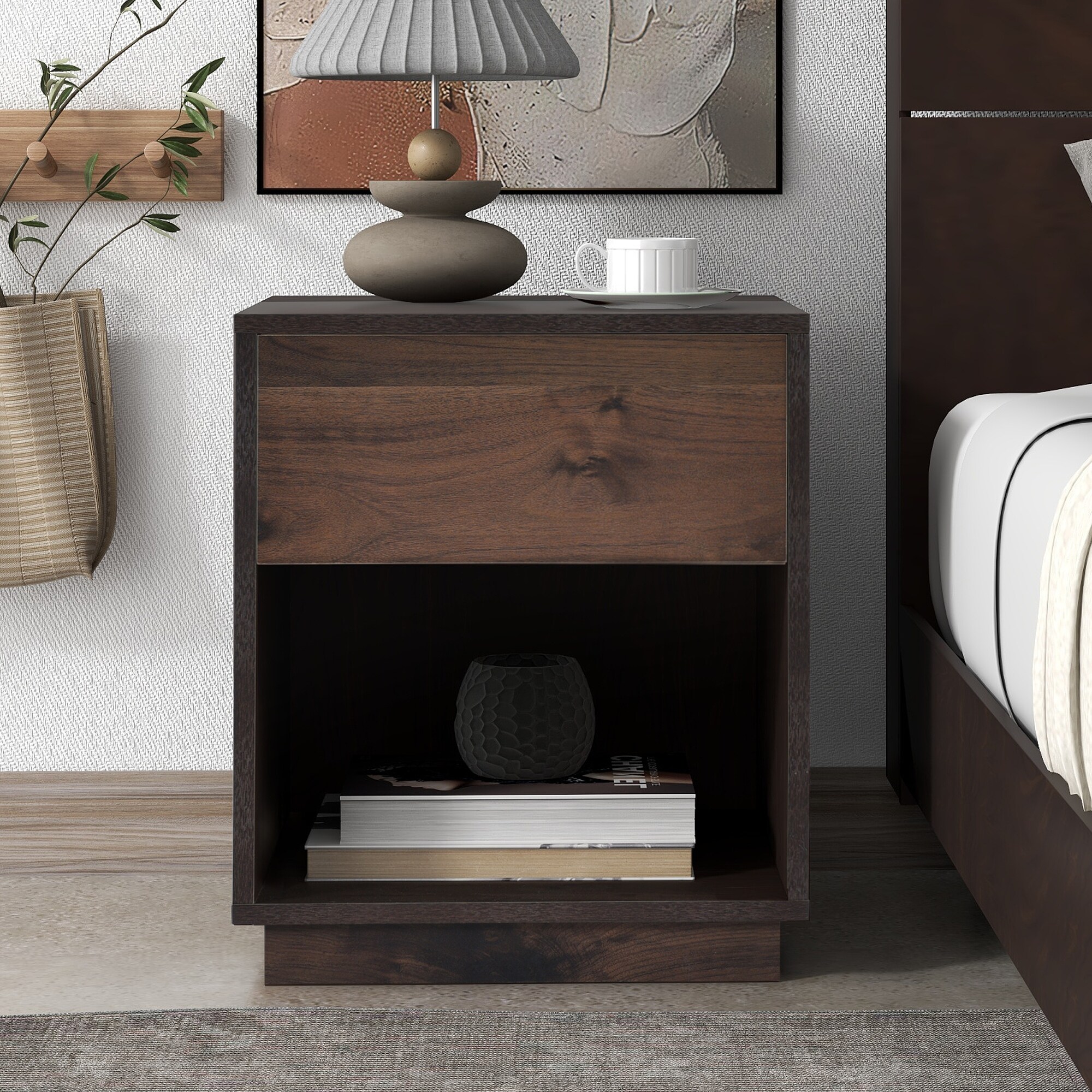 Mid-Century Nightstand with 1 Drawer and 1 Open Storage , Dark