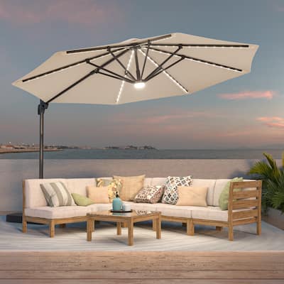 BONOSUKI 11ft LED Aluminum Patio Cantilever Offset Umbrella with Base
