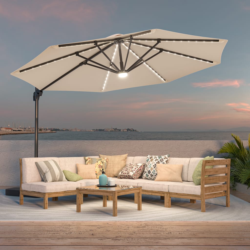 BONOSUKI 11ft LED Aluminum Patio Cantilever Offset Umbrella with Base