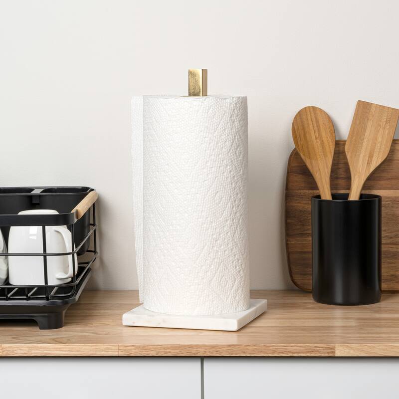 happimess, Avery Metal with Non Slip Weighted Marble Base Paper Towel Holder - White Marble/Gold