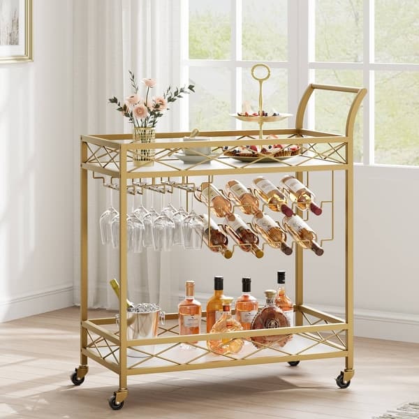 2 Tier Gold Bar Cart with Wheels & Wine Rack - N/A