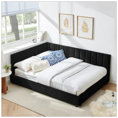 Full Size Upholstered Tufted Bed Frame with Comfortable Backrest and Armrests