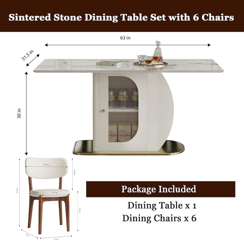 Roomfitters 63 Inch Dining Table Set with Chairs, Sintered Stone Kitchen Desk with Storage Cabinet, White & Gold